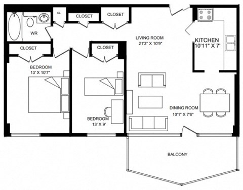 Floor plan for 2 beds, 1 bath, 864 sqft